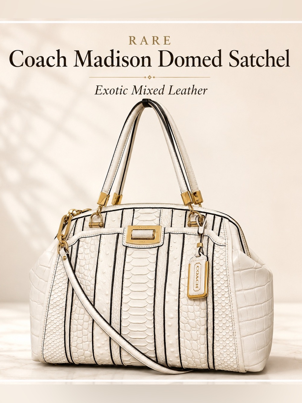 RARE Coach Madison Domed Satchel in Exotic Mixed Leather-Striped White Multi